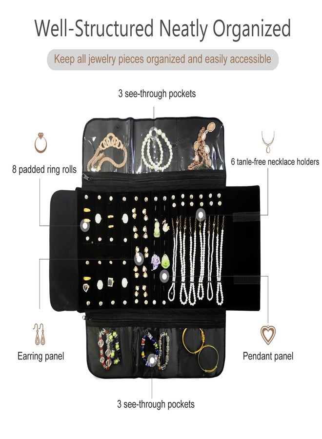 SCIKHEFT Velvet Travel Jewelry Case Roll Bag Organizer for Necklace Bracelet Earrings Ring (Black) - Image 3