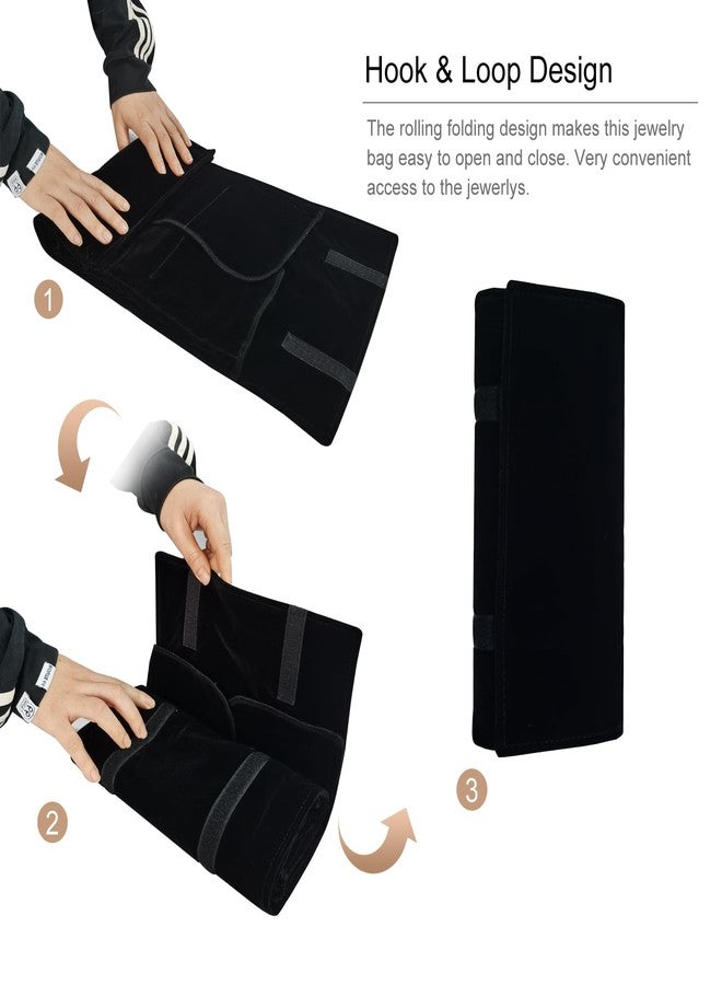 SCIKHEFT Velvet Travel Jewelry Case Roll Bag Organizer for Necklace Bracelet Earrings Ring (Black) - Image 4
