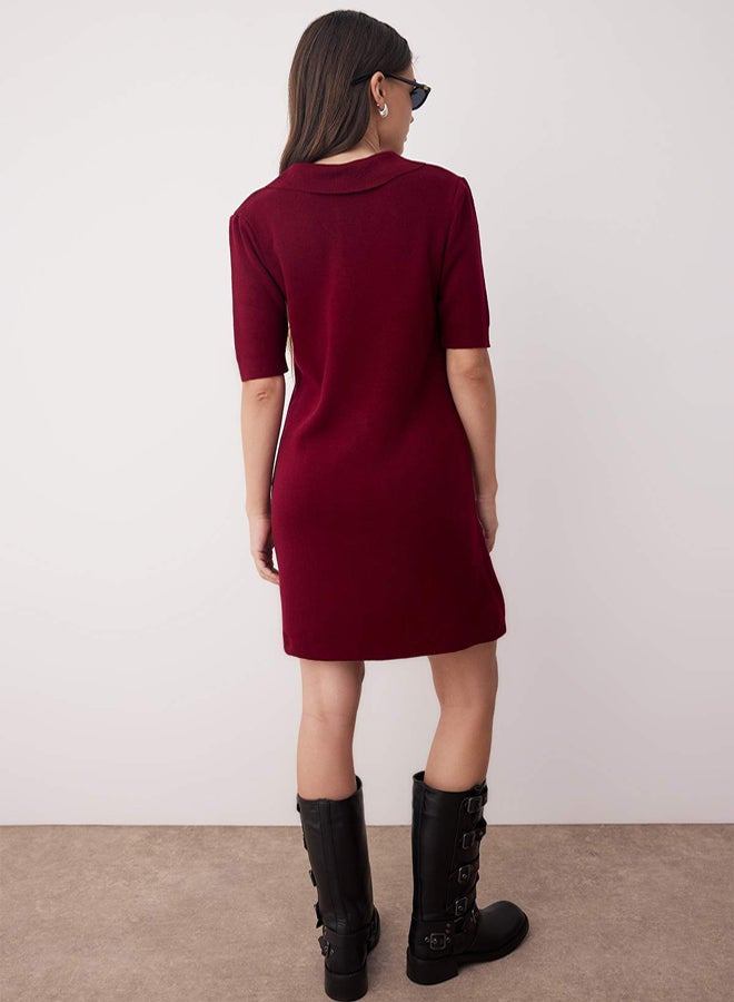 trendyol Burgundy Color Block Short / Mini Polo Neck Knitwear Dress - Image 4
