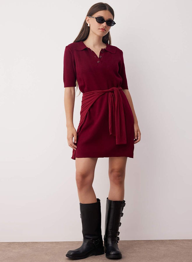 trendyol Burgundy Color Block Short / Mini Polo Neck Knitwear Dress - Image 2