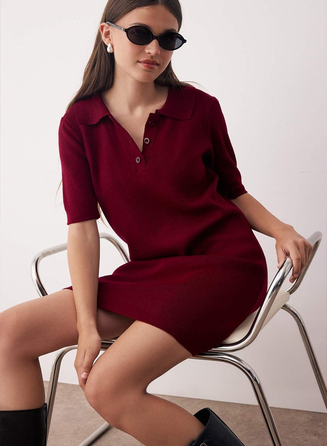 trendyol Burgundy Color Block Short / Mini Polo Neck Knitwear Dress - Image 1