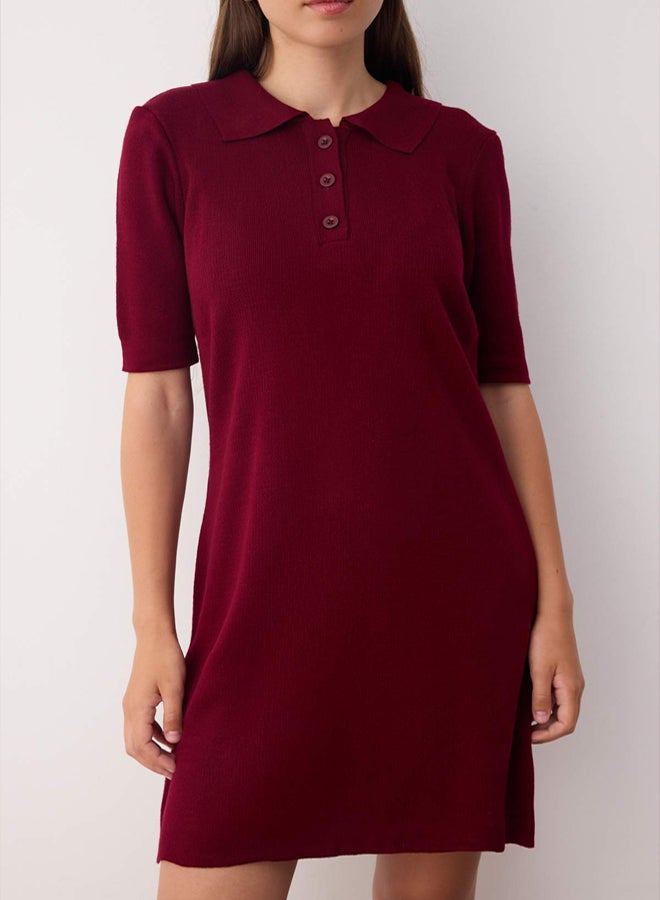 trendyol Burgundy Color Block Short / Mini Polo Neck Knitwear Dress - Image 3