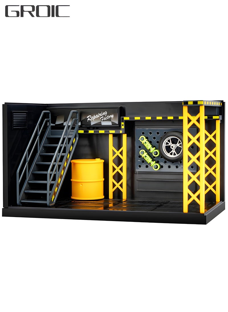 GROIC Display Case for 1/12 Diecast Cars,Car Repair Shop Display Case with LED Lighting,DIY Scene Parking Lot,Display Case for Toy Motorcyle,Model Storage Box - Image 1