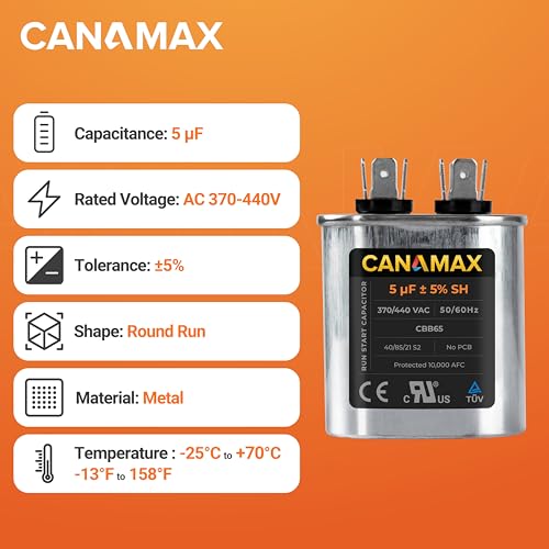 Canamax 5 uF 5 MFD ±5% 370-440VAC (3~80 uF Options Available) Oval Run Start Capacitor - Compatible with AC Motor Run or Fan Start and Cool or Heat Pump Air Conditioner - Replaces 97F5705 Z97F5705 97F95702 - Image 2