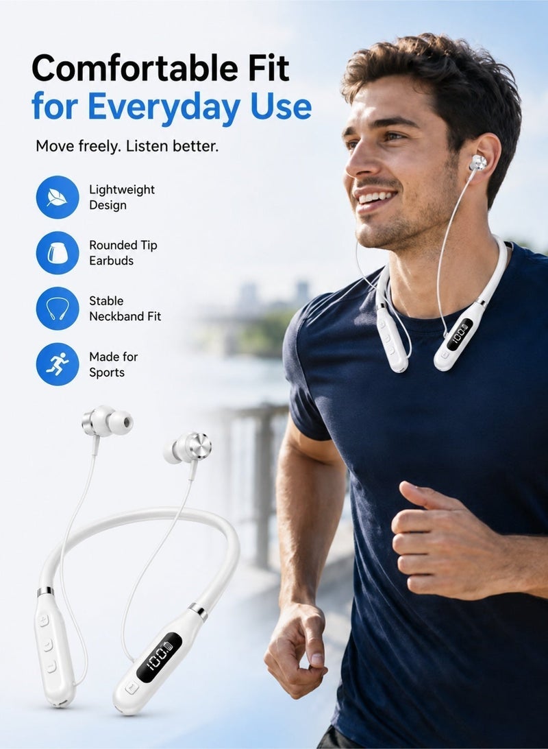 Leoxol Bluetooth Neckband Earphones More Than 24 Hours Battery Life | Digital Display Wireless Sports Headphones | Card Insertion Earbuds With Mic For Phones Tablets Laptops - Image 2