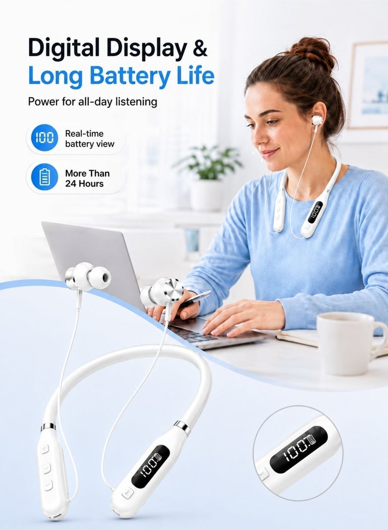 Leoxol Bluetooth Neckband Earphones More Than 24 Hours Battery Life | Digital Display Wireless Sports Headphones | Card Insertion Earbuds With Mic For Phones Tablets Laptops - Image 3