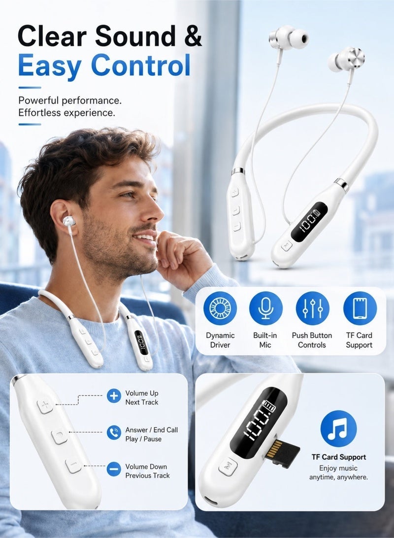 Leoxol Bluetooth Neckband Earphones More Than 24 Hours Battery Life | Digital Display Wireless Sports Headphones | Card Insertion Earbuds With Mic For Phones Tablets Laptops - Image 4