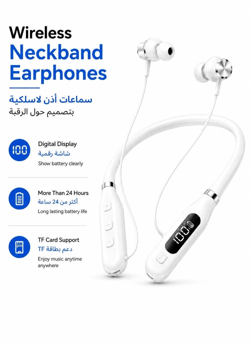 Leoxol Bluetooth Neckband Earphones More Than 24 Hours Battery Life | Digital Display Wireless Sports Headphones | Card Insertion Earbuds With Mic For Phones Tablets Laptops - Image 1