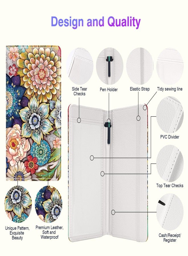 Pisypox Checkbook Cover for Personal Checkbook，Patterned Pu Leather check book covers for women and men，with Pen Holder & Built-in Clear Plastic Divider for Duplicate Checks, Coloured Flowers, 7 x 3.7 - Image 3
