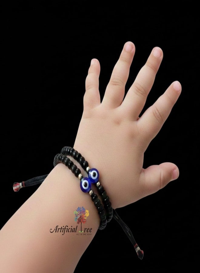 ARTIFICIAL TREE 1 Pair Evil Eye Black Thread Nazariya Bracelet | 1 Pair Ball Black Thread Nazariya Adjustable Bracelet | Nazar Battu | New Born Baby to 6 Year Kids | 4 Piece (AT BABY BRCT 0029) - Image 3