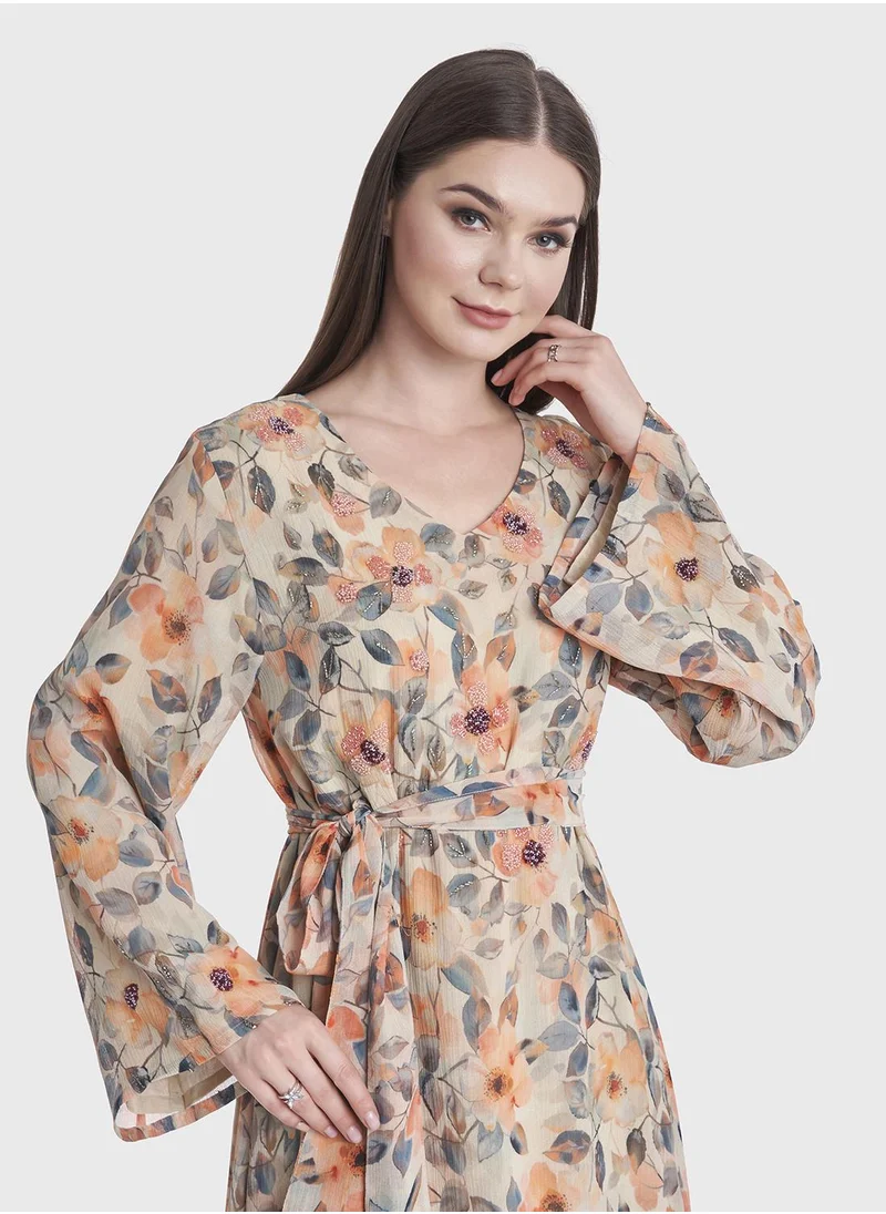 كشخة Floral Print Chiffon Hand Work Long Dress