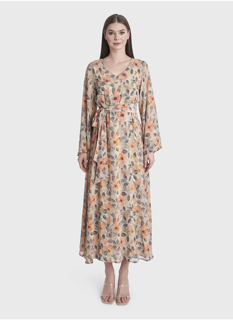 كشخة Floral Print Chiffon Hand Work Long Dress