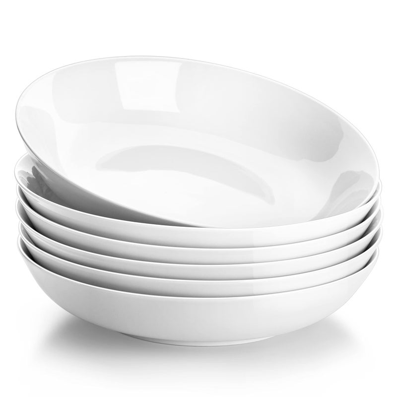 MALACASA Series Regular 9 Pasta Bowl Porcelain Salad Pasta Bowl Large Ceramic White Soup Bowl Set Serving Plates for Salad Pasta Soup Fruit Microwave Dishwasher Safe Set of 6