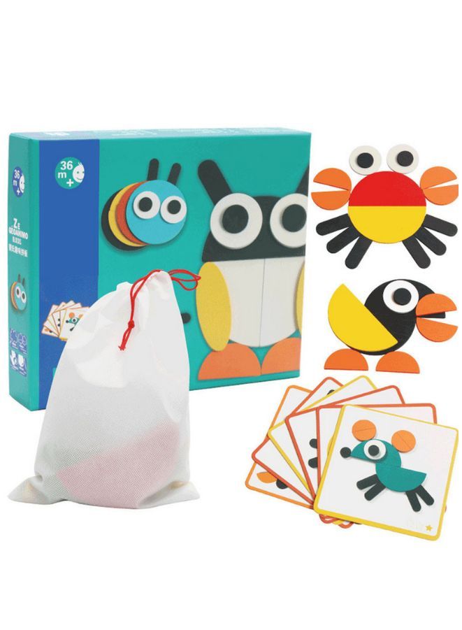 أشكال هندسية من كتل خشبية على شكل حيوانات - أحجية تعليمية مبكرة - مجموعة تانغرام للأطفال مع 20 بطاقة تصميم - Image 1