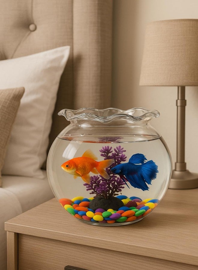Afast Clear Transparent Round Glass Fish Pot, Table Top Aquarium Bowl with Neck & Decorative Accessories, Premium Zoom View for Home, Office & Table Décor Pack of 1