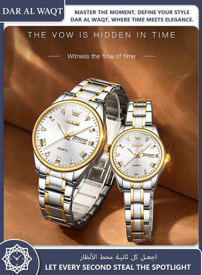 أوليفز ساعة OLEVS العصرية للزوجين كوارتز مرصعة بالكريستال مقاومة للماء مع قرص أبيض وسوار فولاذي - Image 5