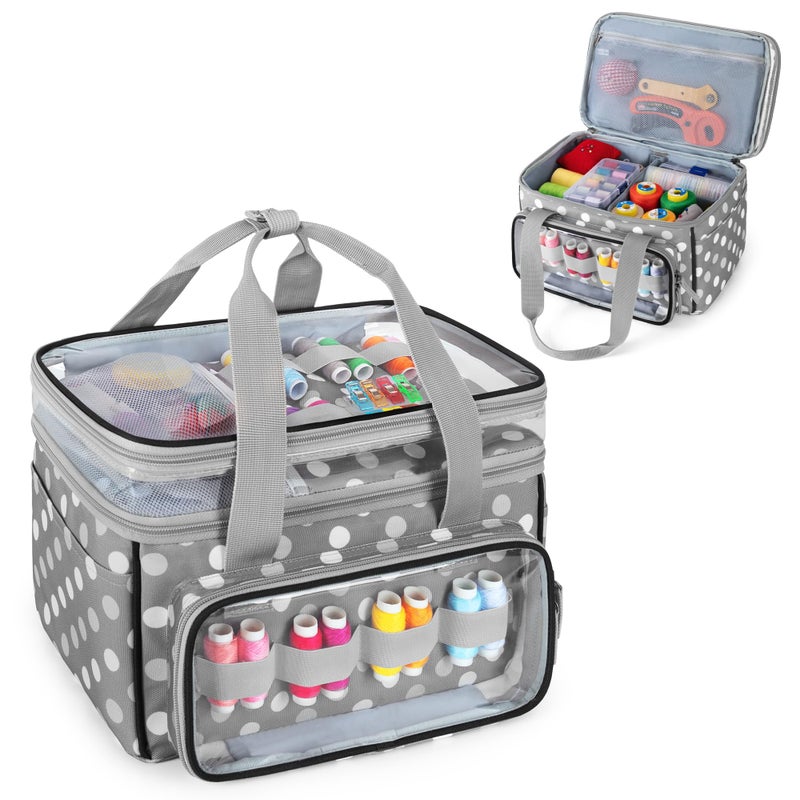 LUXJA Double-Layer Sewing Storage Organizer with Transparent Compartment, Large Sewing Organizer Bag with Detachable Divider for Sewing Supplies (Bag Only), Polka Dots - Image 1