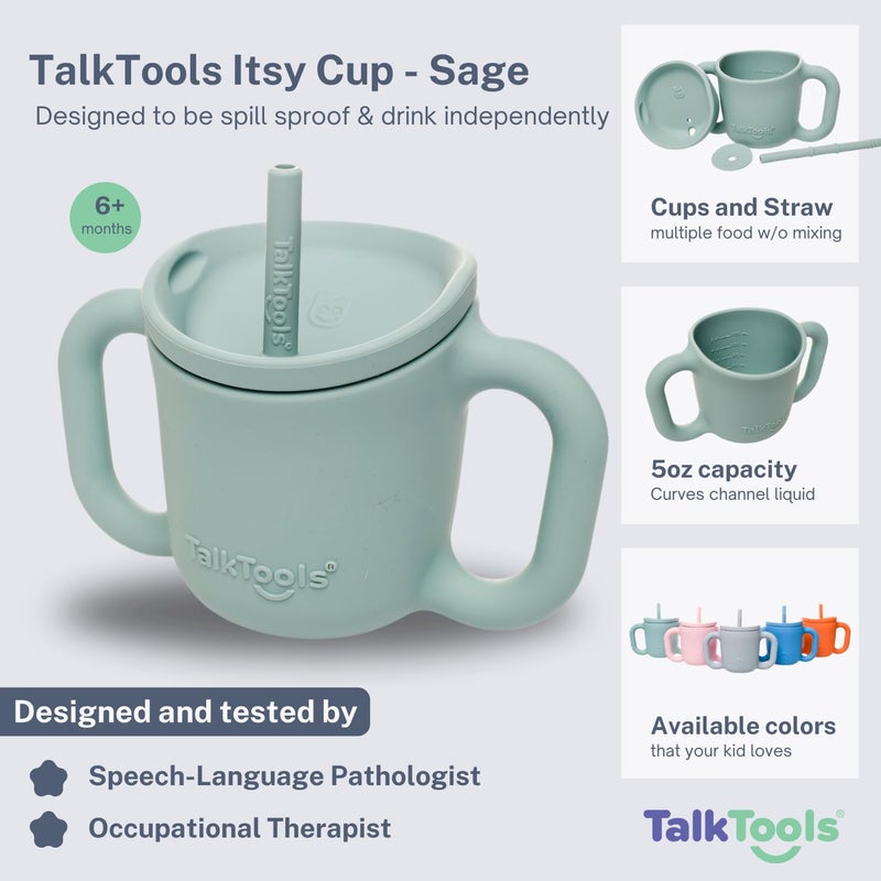 TalkTools كوب تدريب سيليكون ITSY من توك تولز - كوب قشة صغير للأطفال - كوب مضاد للتسرب، مقاوم للانسكاب وخالي من BPA مع إدخال قشة للأطفال (ساج)  - Image 3