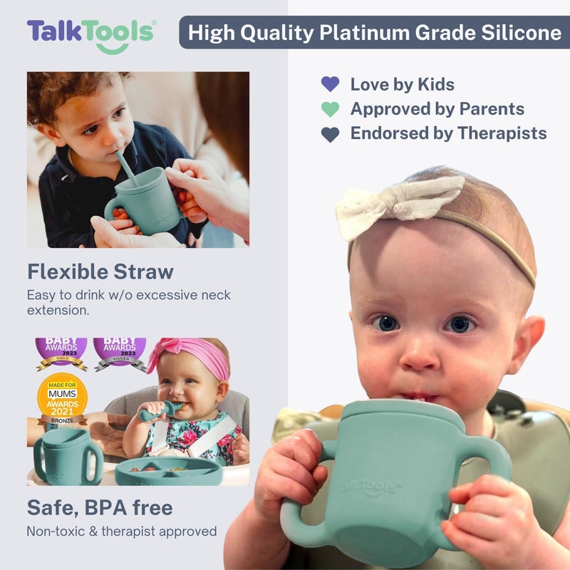 TalkTools كوب تدريب سيليكون ITSY من توك تولز - كوب قشة صغير للأطفال - كوب مضاد للتسرب، مقاوم للانسكاب وخالي من BPA مع إدخال قشة للأطفال (ساج)  - Image 4