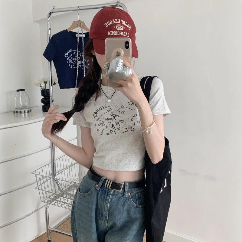Korean-Style Slim-Fit Short Fun Printed Short-Sleeved T-Shirt Women'S Summer All-Match Slim-Fit Student Top Ins - Image 2