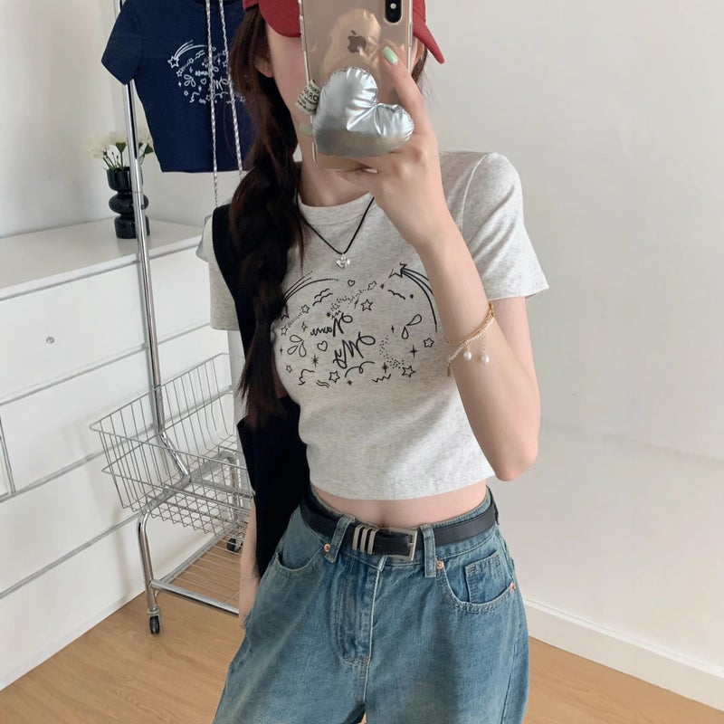 Korean-Style Slim-Fit Short Fun Printed Short-Sleeved T-Shirt Women'S Summer All-Match Slim-Fit Student Top Ins - Image 5