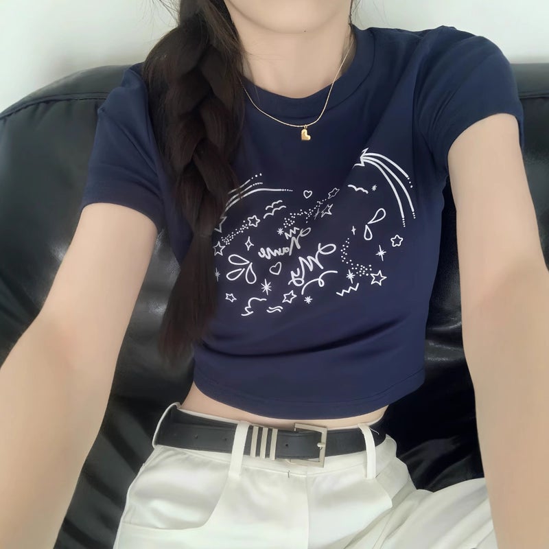 Korean-Style Slim-Fit Short Fun Printed Short-Sleeved T-Shirt Women'S Summer All-Match Slim-Fit Student Top Ins - Image 4
