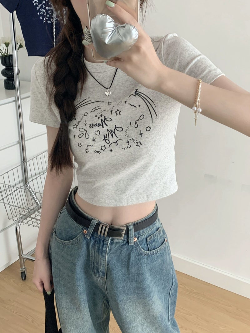 Korean-Style Slim-Fit Short Fun Printed Short-Sleeved T-Shirt Women'S Summer All-Match Slim-Fit Student Top Ins - Image 1