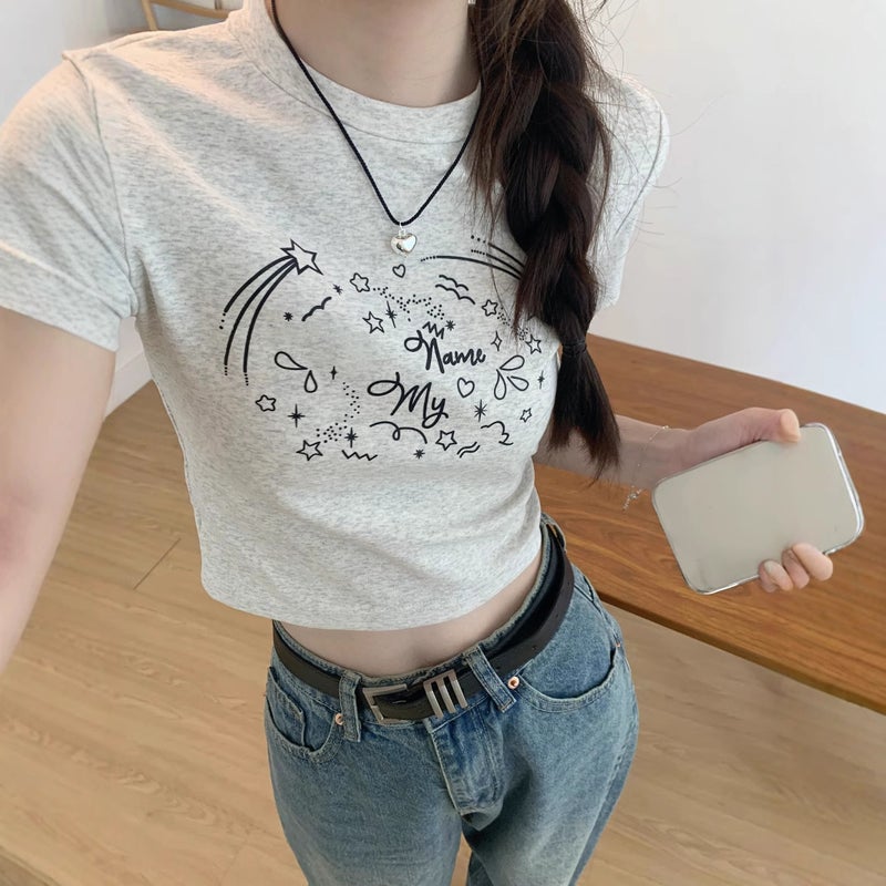 Korean-Style Slim-Fit Short Fun Printed Short-Sleeved T-Shirt Women'S Summer All-Match Slim-Fit Student Top Ins - Image 3