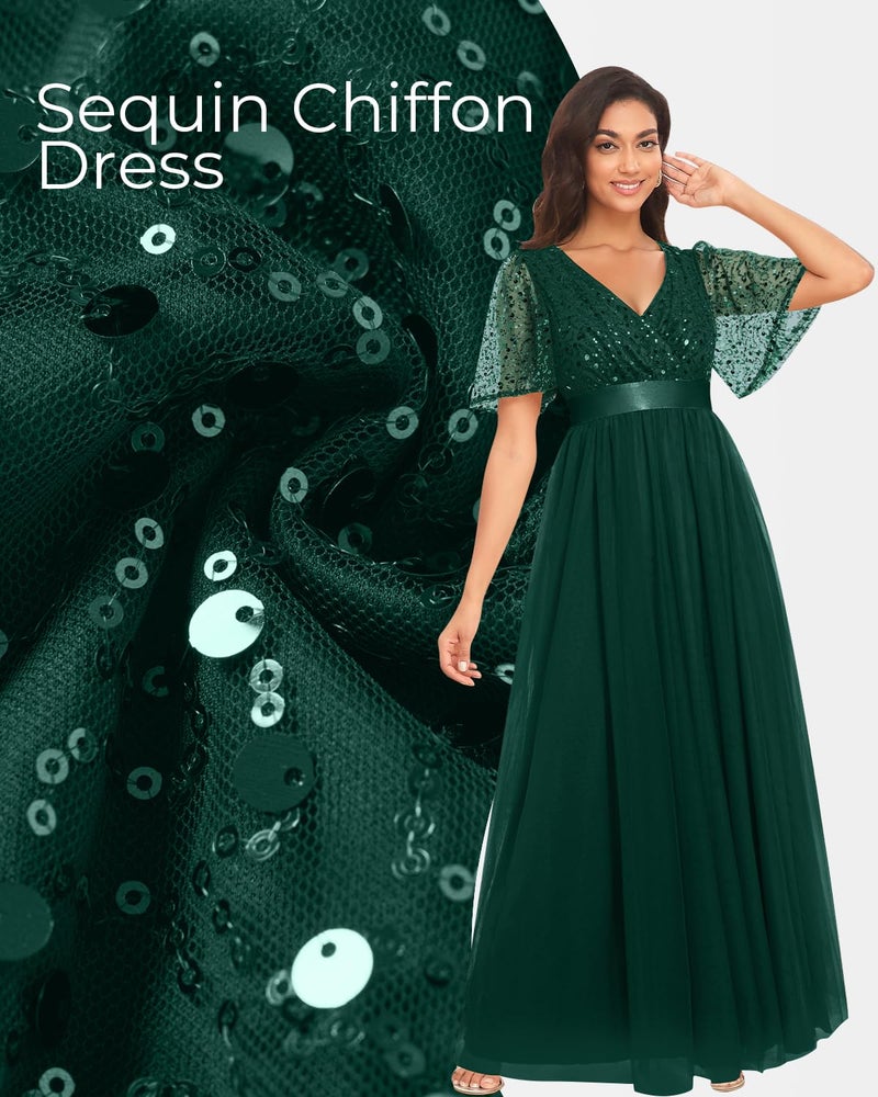 Talisea Emerald Green Dress Women Formal Dark Green Evening Sequin Tulle V Neck Short Sleeve Empire Waist A Line Long Dresses - Image 4