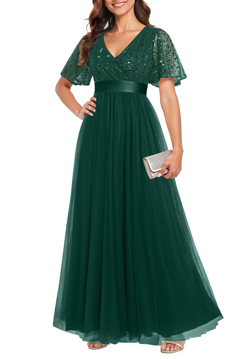 Talisea Emerald Green Dress Women Formal Dark Green Evening Sequin Tulle V Neck Short Sleeve Empire Waist A Line Long Dresses - Image 1