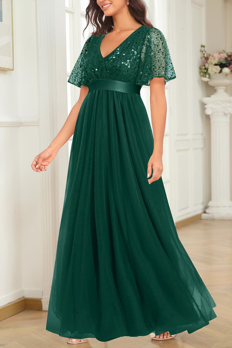 Talisea Emerald Green Dress Women Formal Dark Green Evening Sequin Tulle V Neck Short Sleeve Empire Waist A Line Long Dresses - Image 2