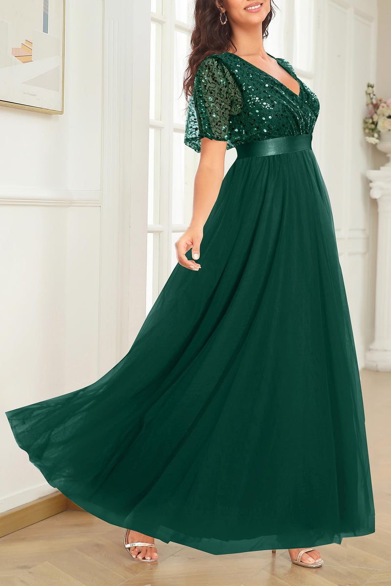 Talisea Emerald Green Dress Women Formal Dark Green Evening Sequin Tulle V Neck Short Sleeve Empire Waist A Line Long Dresses - Image 3