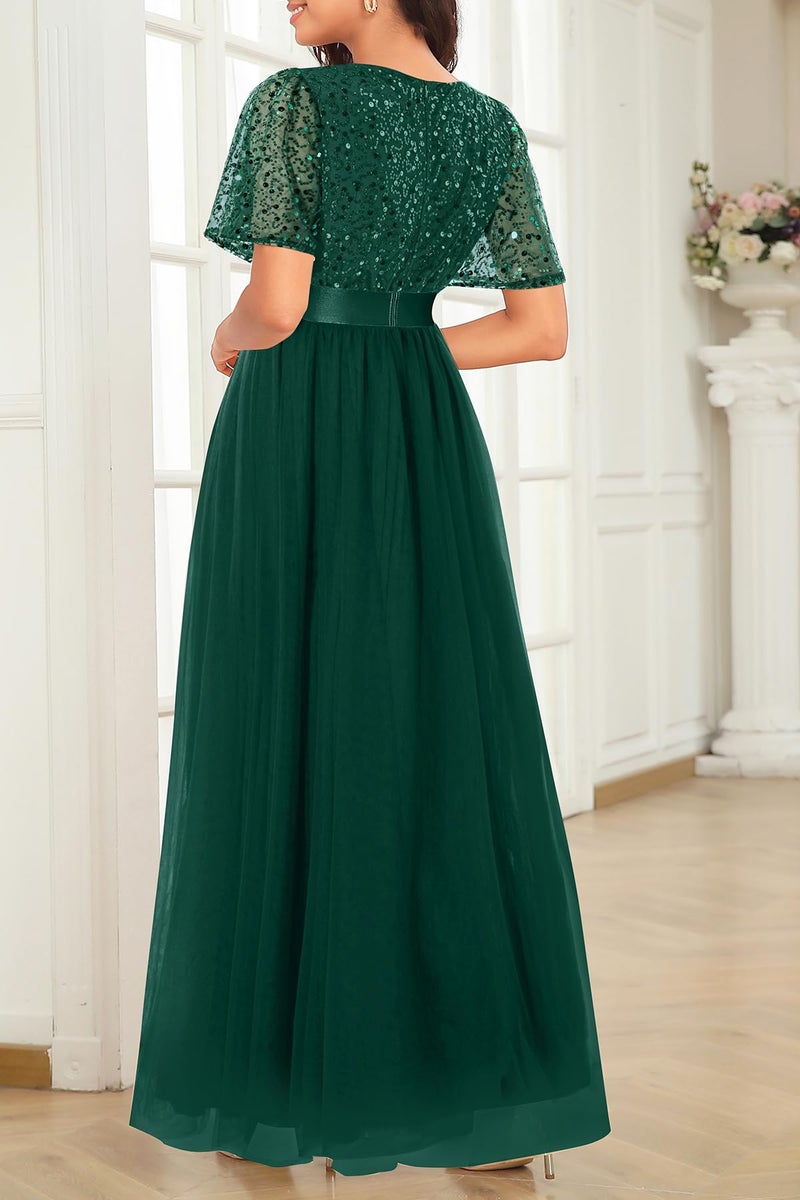 Talisea Emerald Green Dress Women Formal Dark Green Evening Sequin Tulle V Neck Short Sleeve Empire Waist A Line Long Dresses - Image 5