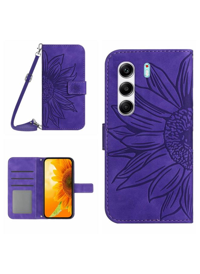 erorex Case For Tecno Camon 40 Pro 4G / 5G Skin Feel Sun Flower Embossed Flip Leather Phone Case with Lanyard - Image 1