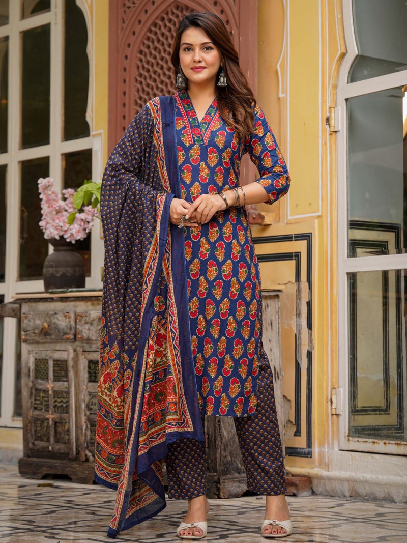 Arayna Women’s Cotton Printed Kurta Set with Pants & Dupatta – 3/4 Sleeve | Elegant Ethnic Wear, Blue, Small - Image 2