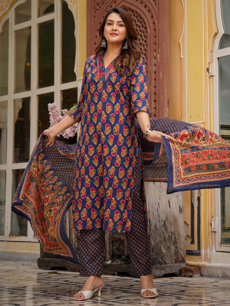 Arayna Women’s Cotton Printed Kurta Set with Pants & Dupatta – 3/4 Sleeve | Elegant Ethnic Wear, Blue, Small - Image 4