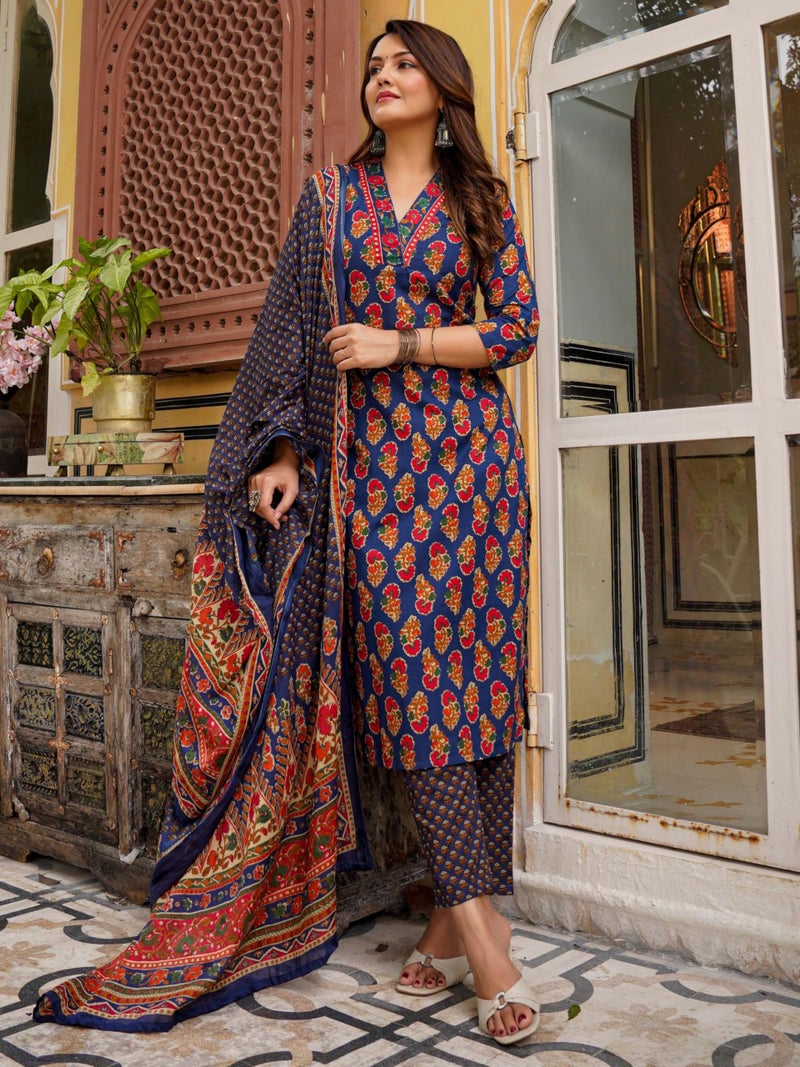 Arayna Women’s Cotton Printed Kurta Set with Pants & Dupatta – 3/4 Sleeve | Elegant Ethnic Wear, Blue, Small - Image 3