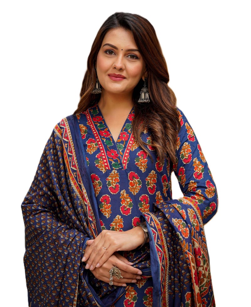 Arayna Women’s Cotton Printed Kurta Set with Pants & Dupatta – 3/4 Sleeve | Elegant Ethnic Wear, Blue, Small - Image 1