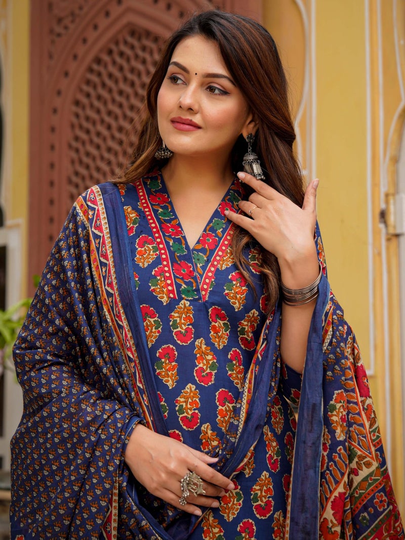 Arayna Women’s Cotton Printed Kurta Set with Pants & Dupatta – 3/4 Sleeve | Elegant Ethnic Wear, Blue, Small - Image 5