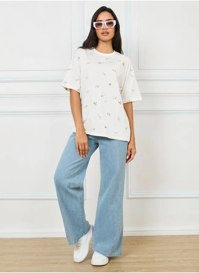 ستايلي Styli Oversized All Over Floral Embroidered Front T-Shirt