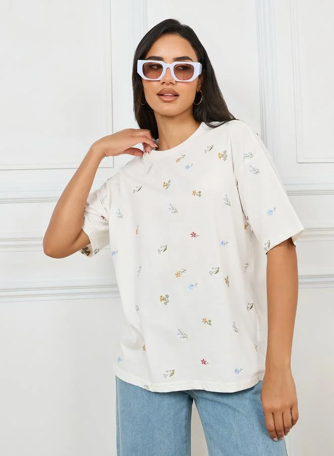 Styli Styli Oversized All Over Floral Embroidered Front T-Shirt