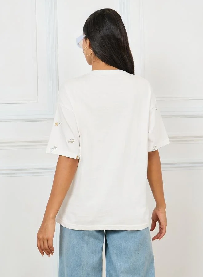 Styli Styli Oversized All Over Floral Embroidered Front T-Shirt