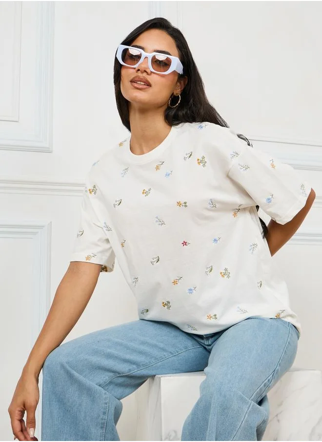 ستايلي Styli Oversized All Over Floral Embroidered Front T-Shirt