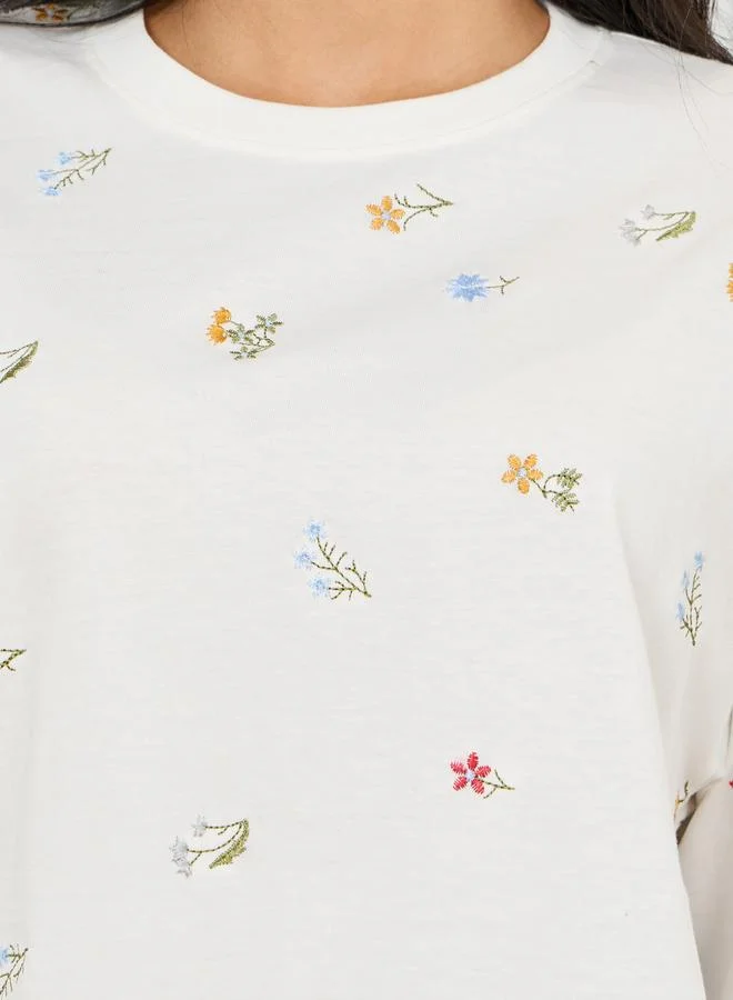 Styli Styli Oversized All Over Floral Embroidered Front T-Shirt