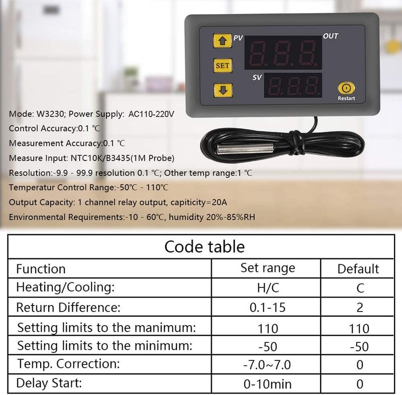 Greluma 2 قطع W3230 AC 110V-220V وحدة تحكم في درجة الحرارة الرقمية 20A شاشة LED مفتاح تحكم في الحرارة مع مسبار حساس NTC 10K، نطاق -50℃ إلى 110℃ - Image 2