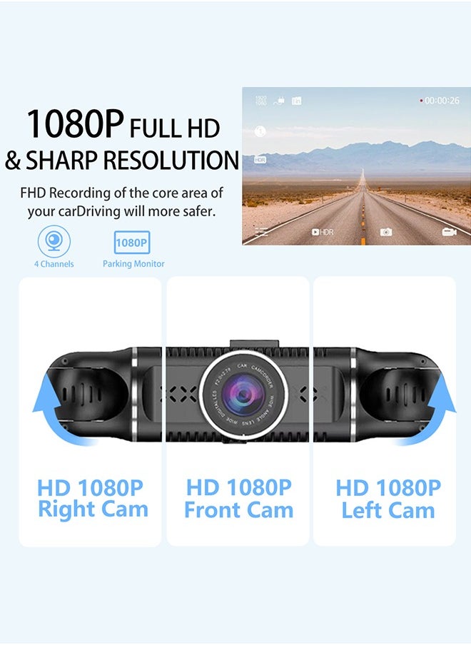 ماركة غير محددة - كاميرا لوحة القيادة، 4 قنوات FHD 1080P، نظام DVR للسيارة بزاوية 360 درجة، واي فاي مدمج ونظام تحديد المواقع العالمي (GPS)، كاميرا لوحة القيادة بعدسة قابلة للتعديل للسيارات مع رؤية ليلية، مستشعر G، وضع ركن السيارة على مدار 24 ساعة (بطاقة 64 جيجابايت متضمنة) - Image 1