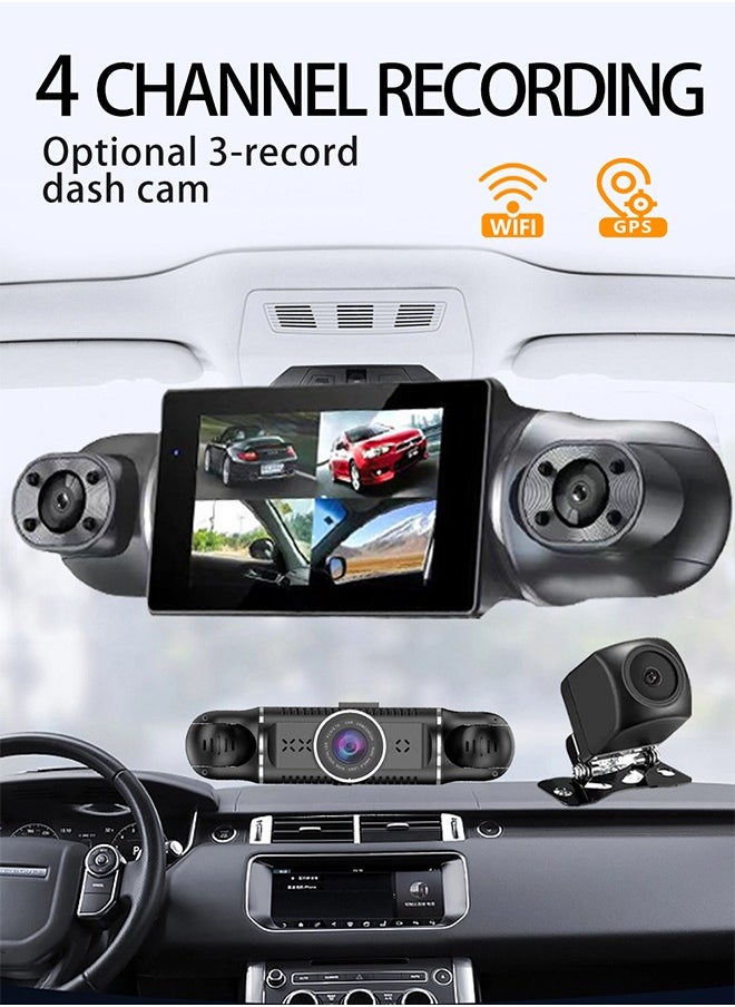 ماركة غير محددة - كاميرا لوحة القيادة، 4 قنوات FHD 1080P، نظام DVR للسيارة بزاوية 360 درجة، واي فاي مدمج ونظام تحديد المواقع العالمي (GPS)، كاميرا لوحة القيادة بعدسة قابلة للتعديل للسيارات مع رؤية ليلية، مستشعر G، وضع ركن السيارة على مدار 24 ساعة (بطاقة 64 جيجابايت متضمنة) - Image 1