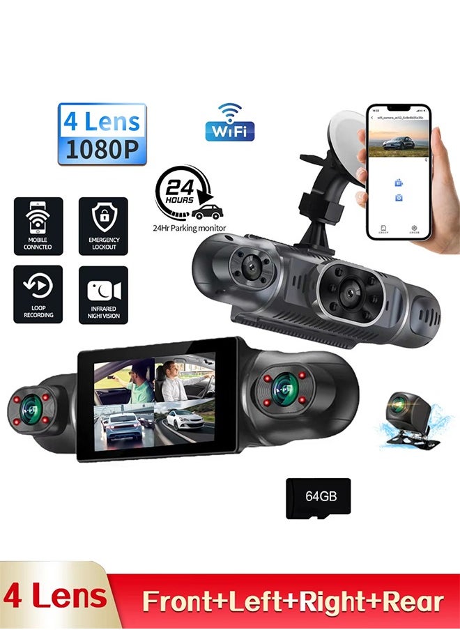ماركة غير محددة - كاميرا لوحة القيادة، 4 قنوات FHD 1080P، نظام DVR للسيارة بزاوية 360 درجة، واي فاي مدمج ونظام تحديد المواقع العالمي (GPS)، كاميرا لوحة القيادة بعدسة قابلة للتعديل للسيارات مع رؤية ليلية، مستشعر G، وضع ركن السيارة على مدار 24 ساعة (بطاقة 64 جيجابايت متضمنة) - Image 1