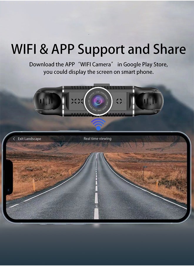 ماركة غير محددة - كاميرا لوحة القيادة، 4 قنوات FHD 1080P، نظام DVR للسيارة بزاوية 360 درجة، واي فاي مدمج ونظام تحديد المواقع العالمي (GPS)، كاميرا لوحة القيادة بعدسة قابلة للتعديل للسيارات مع رؤية ليلية، مستشعر G، وضع ركن السيارة على مدار 24 ساعة (بطاقة 64 جيجابايت متضمنة) - Image 1