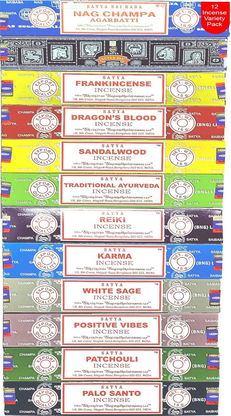 Satya Nag Champa Incense Sticks Variety- Pack (12 Incents, 140+ Sticks) | 100% Original Handrolled Masala | Incense BNG | For Stress Relief, Meditation Decor, Spiritual Decor & Home Fragrance Products - Image 1
